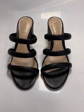 Schutz Women's Olly Mid Block Nappa Black Leather Strap Heel Sandal sz 8.5